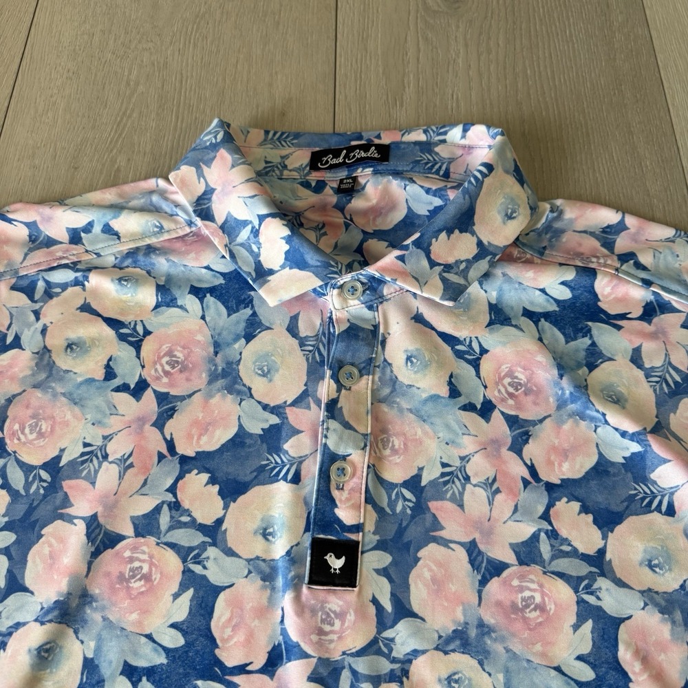 Bad Birdie Mens 2XL XXL Floral Golf Polo Shirt Short Sleeve Performance Stretch